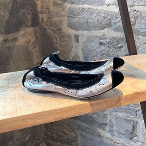 Chanel Silver Metallic Black Velvet Ballet Flats